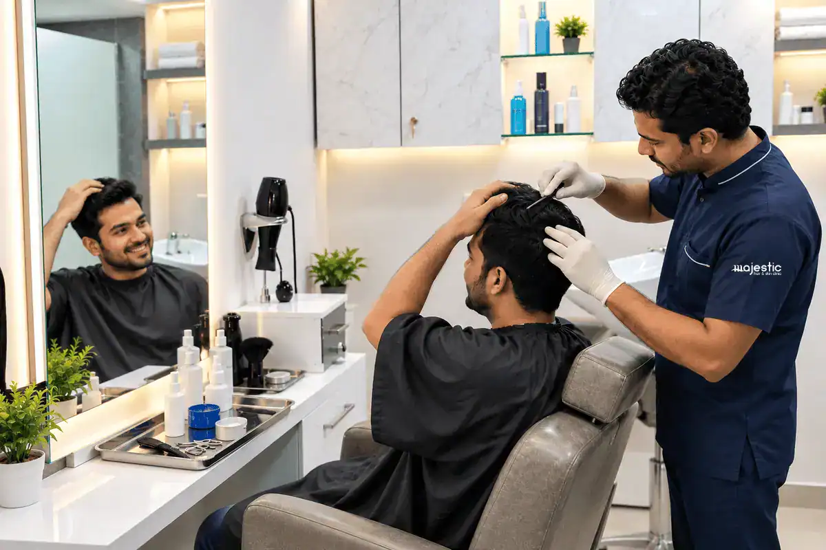 Technician cutting and blending a hair patch to match the client's natural hairline