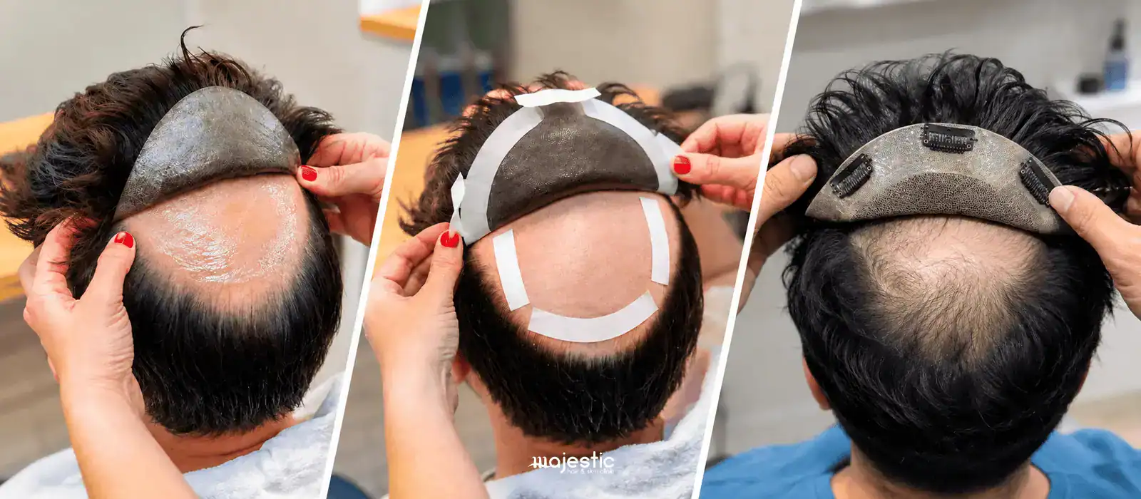 Three ways to fix a hair patch: glue, double-sided tape and clip-on