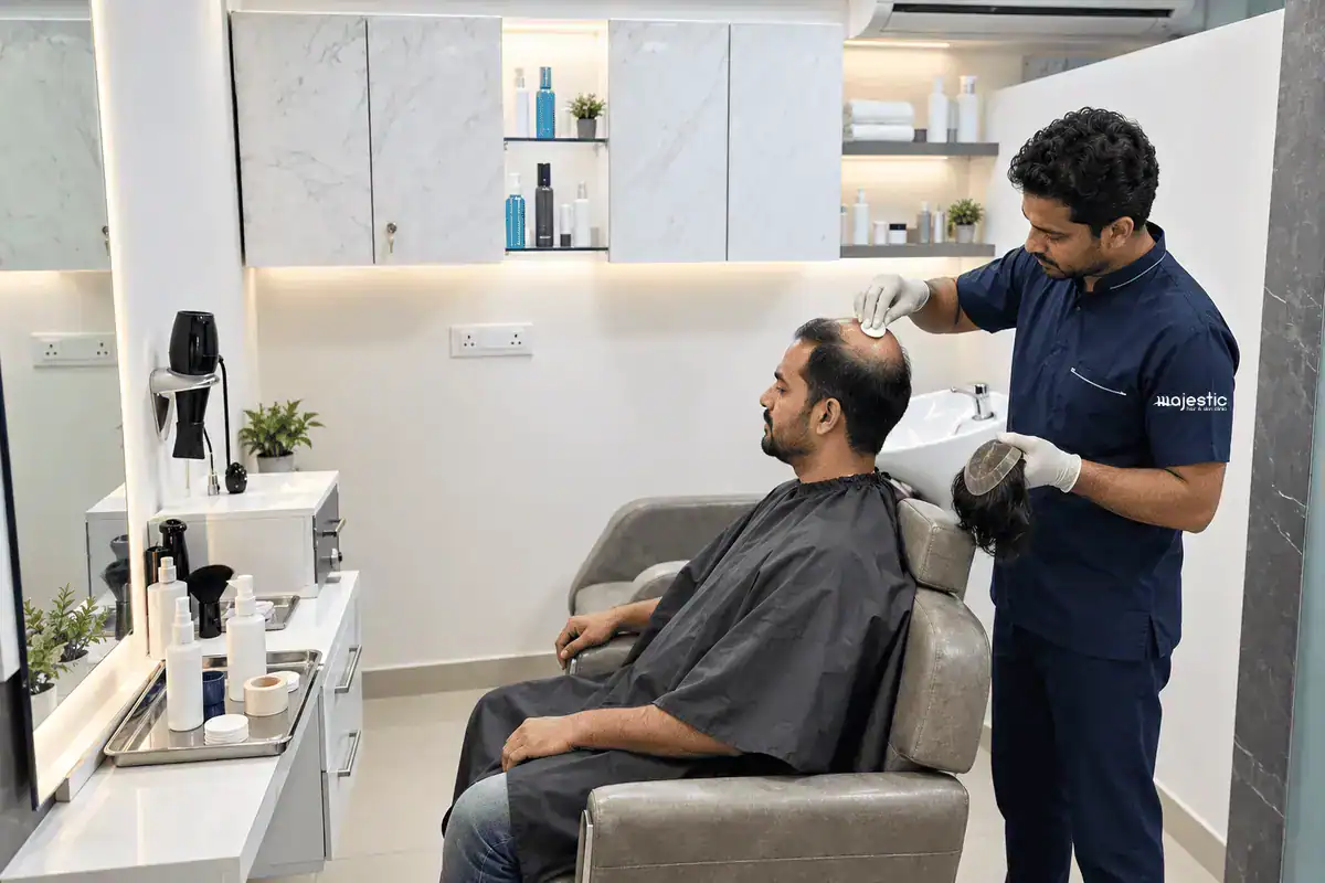 Technician cleaning and re-fixing a hair patch during a servicing session at a clinic in Delhi
