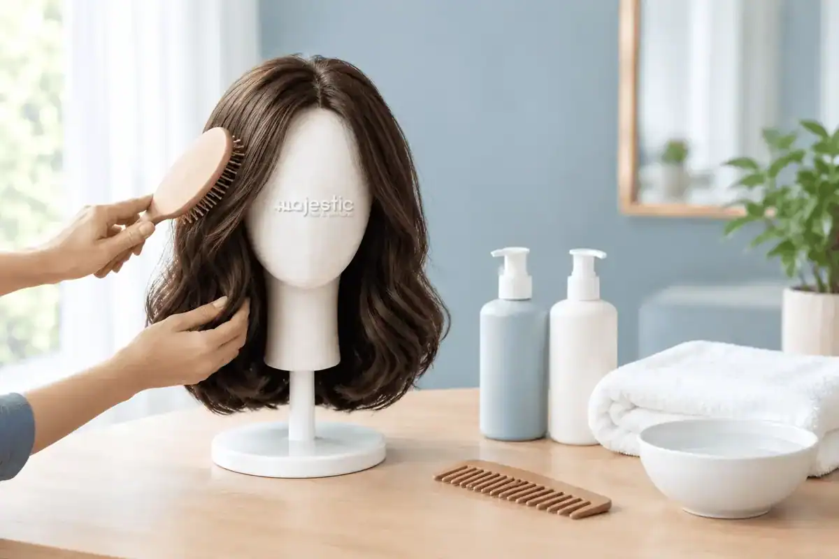 Hands gently brushing a wig on a stand, with wig care products, a comb and a towel nearby