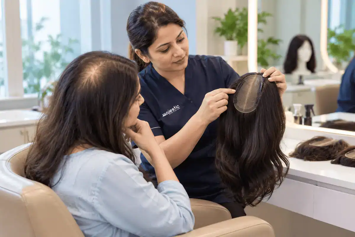 Woman with a natural-looking hair topper adding volume at the crown, styled at a clinic