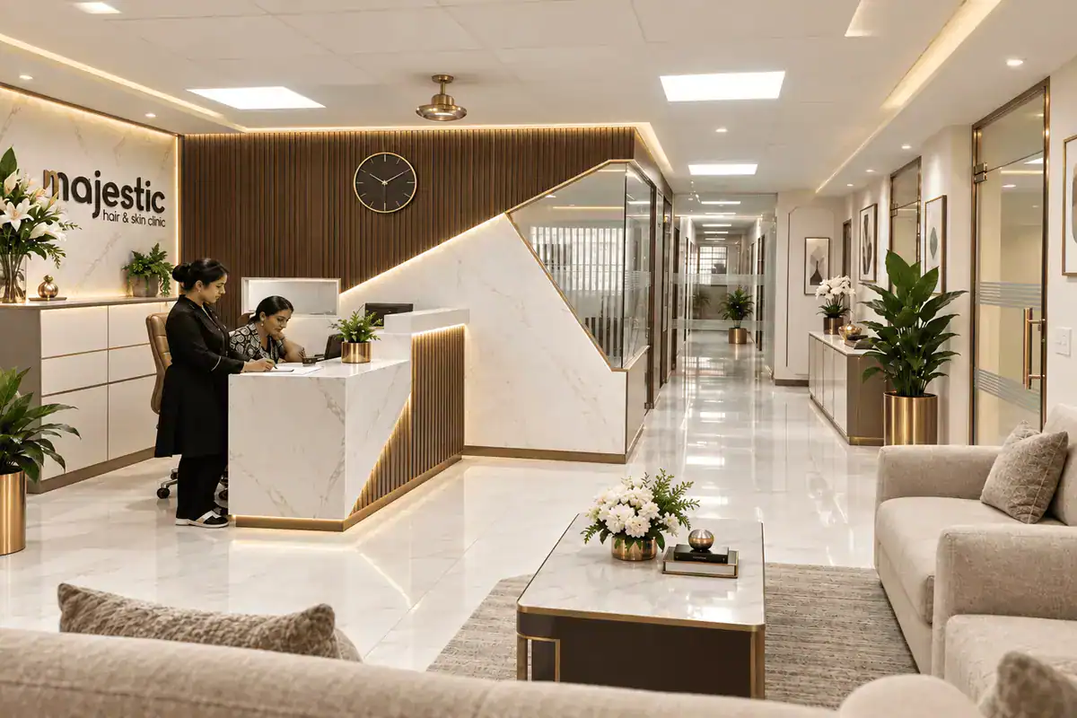 Reception and waiting area of Majestic Hair & Skin Clinic in Rajouri Garden, Delhi