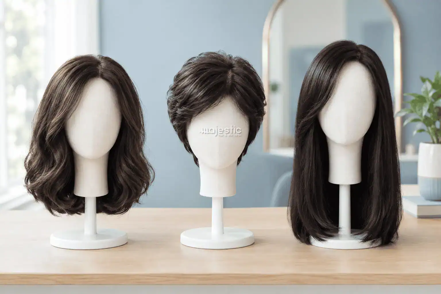 Three wigs in different lengths and styles on white wig stands in a consultation room