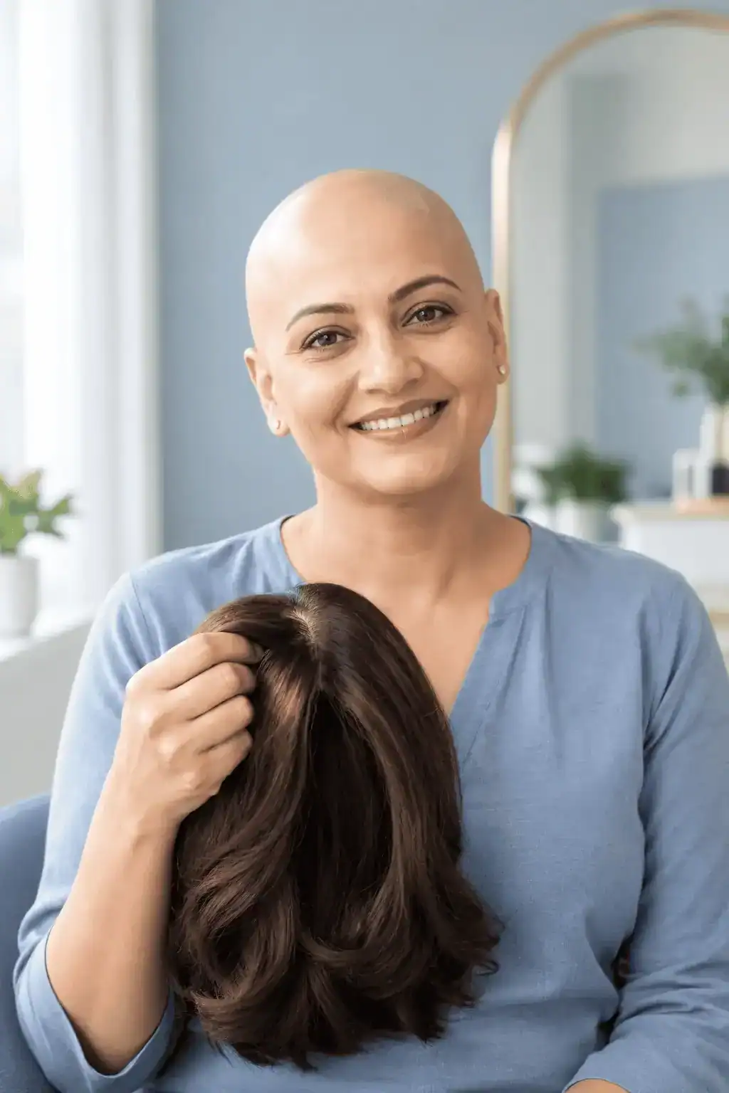 Smiling woman with a shaved head holding a natural human hair wig, illustrating wigs for cancer patients